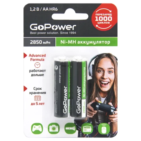 Аккумулятор GoPower HR6 AA BL2 NI-MH 2850mAh, упаковка 2 шт. купить по низкой цене | МАКСПРОФИТ